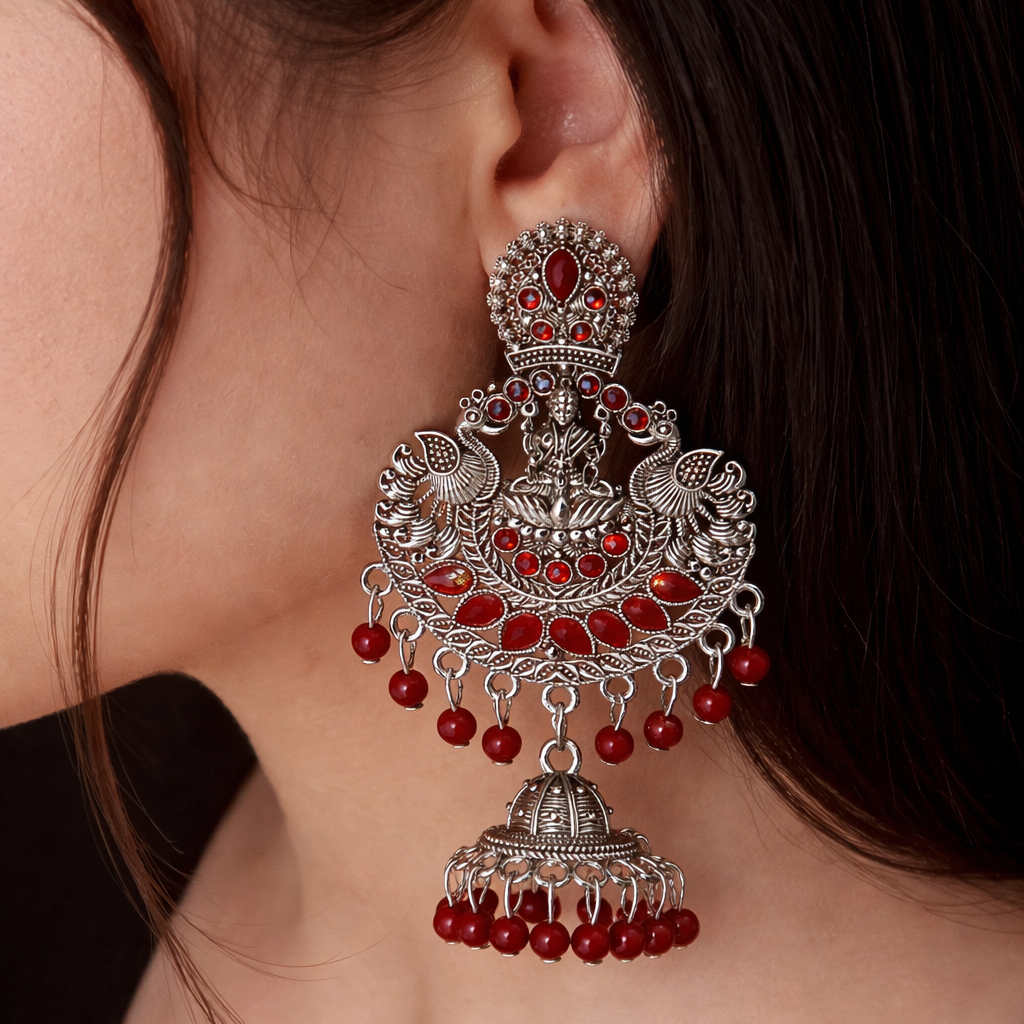 Antique Finish Lakshmi Temple Jhumka Earrings with Maroon Stones & Bead Drops