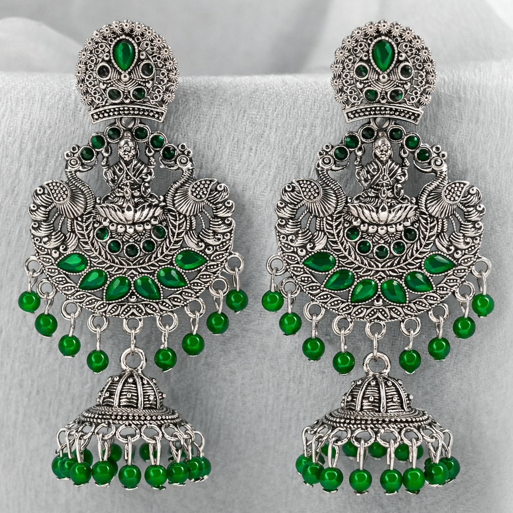 Antique Finish Lakshmi Temple Jhumka Earrings with Green Stones & Bead Drops