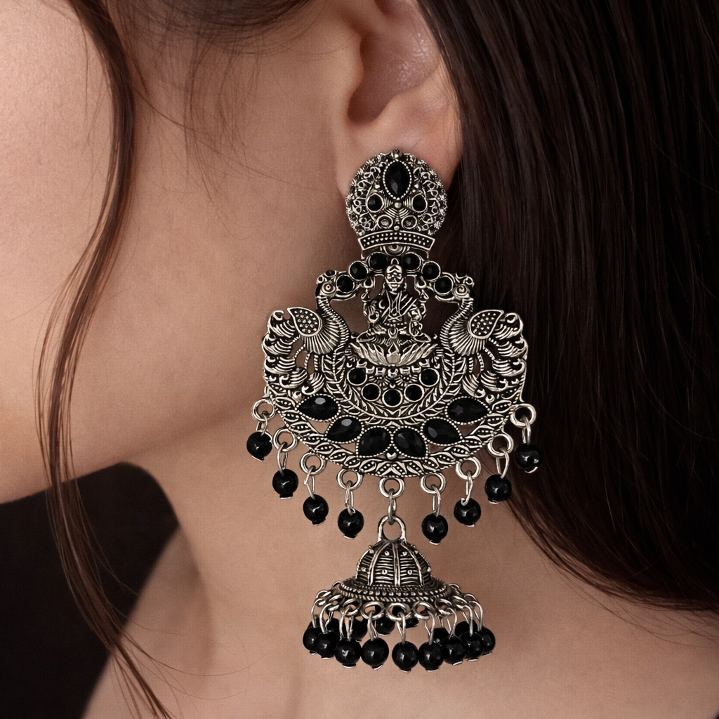 Antique Finish Lakshmi Temple Jhumka Earrings with Black Stones & Bead Drops