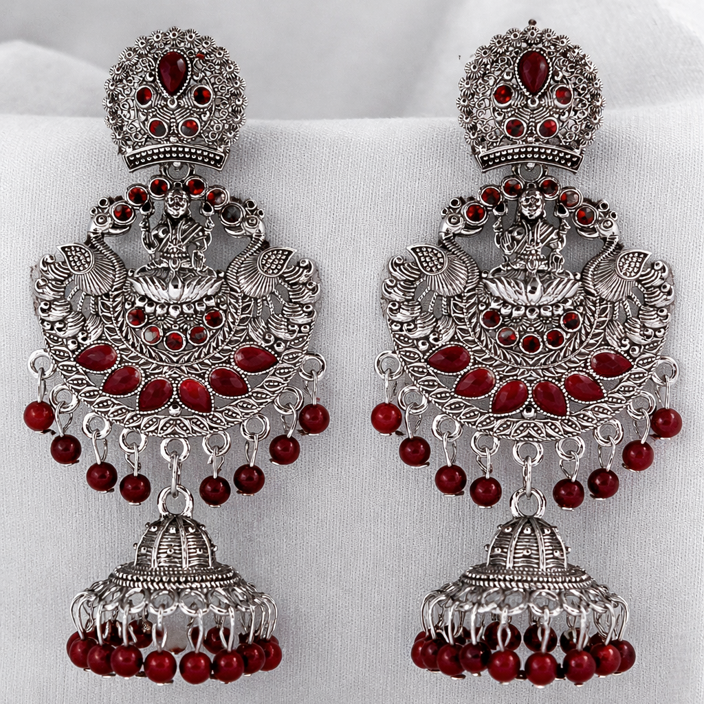 Antique Finish Lakshmi Temple Jhumka Earrings with Maroon Stones & Bead Drops