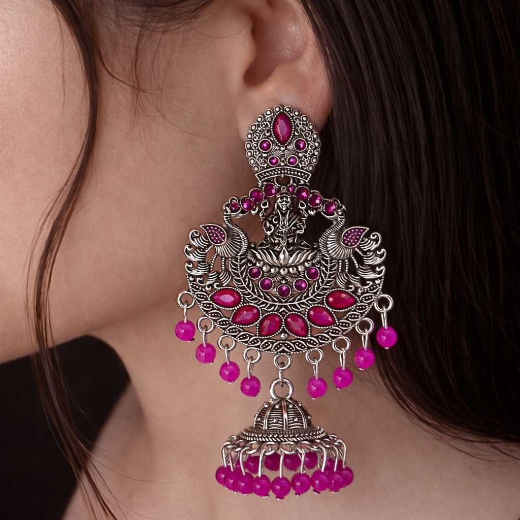 Antique Finish Lakshmi Temple Jhumka Earrings with Hot Pink Stones & Bead Drops