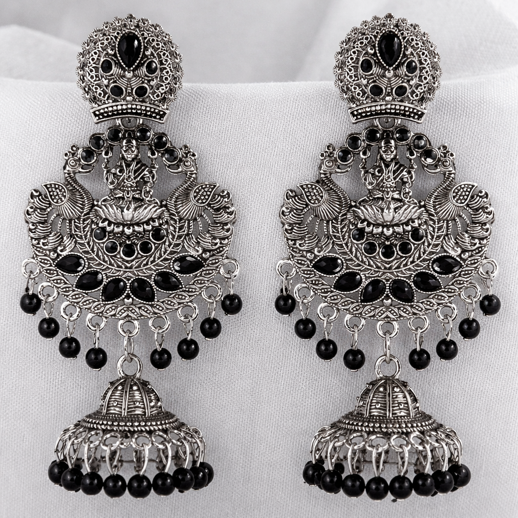Antique Finish Lakshmi Temple Jhumka Earrings with Black Stones & Bead Drops