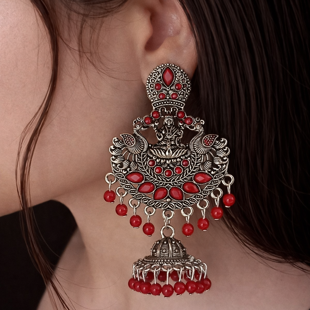 Antique Finish Lakshmi Temple Jhumka Earrings with Red Stones & Bead Drops
