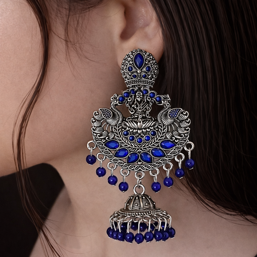 Antique Finish Lakshmi Temple Jhumka Earrings with Royal Blue Stones & Bead Drops