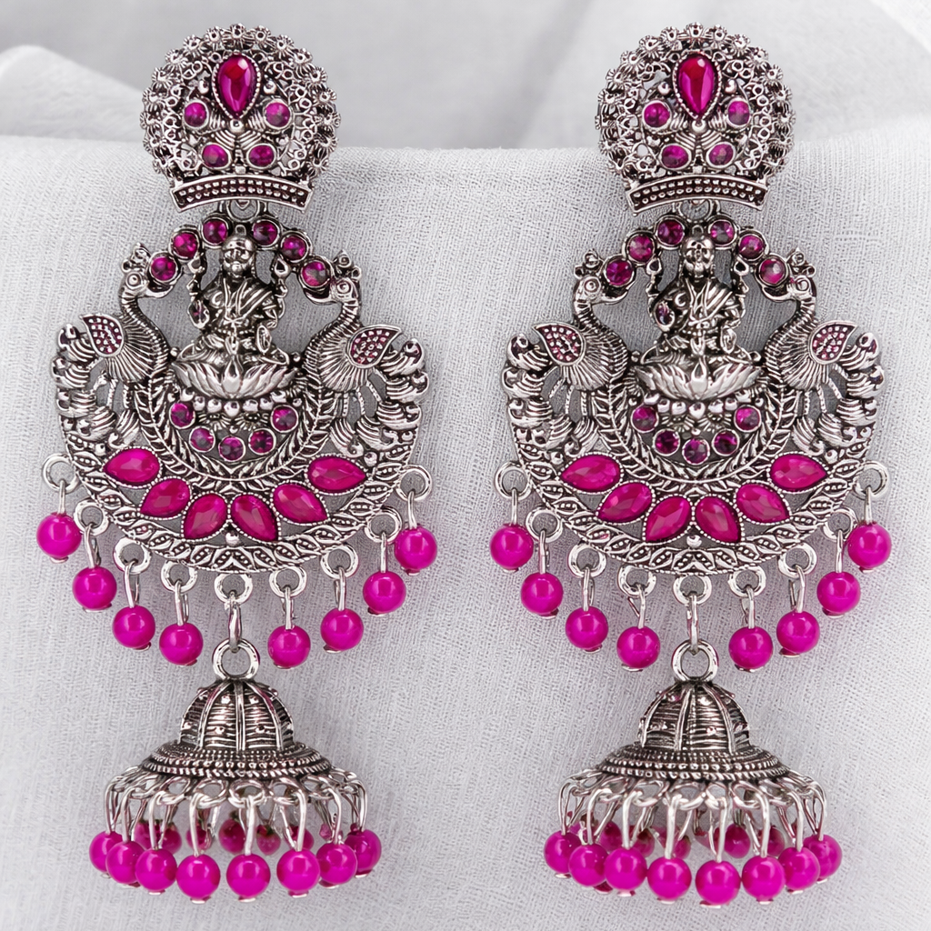 Antique Finish Lakshmi Temple Jhumka Earrings with Hot Pink Stones & Bead Drops