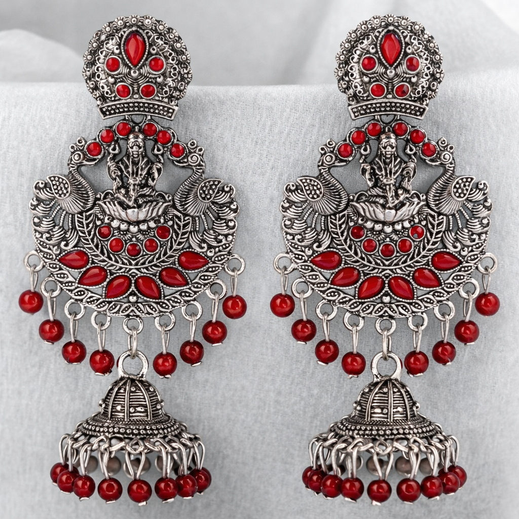Antique Finish Lakshmi Temple Jhumka Earrings with Red Stones & Bead Drops