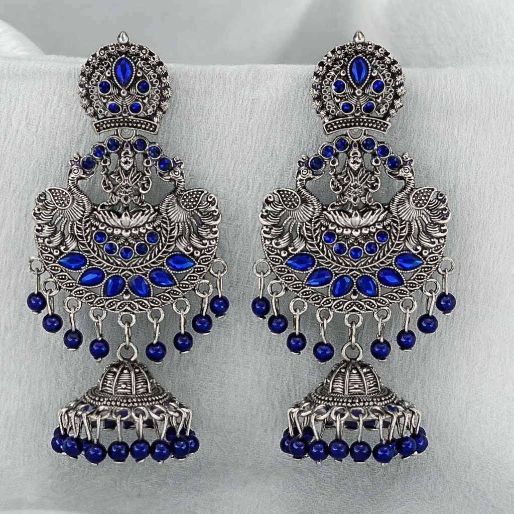 Antique Finish Lakshmi Temple Jhumka Earrings with Royal Blue Stones & Bead Drops