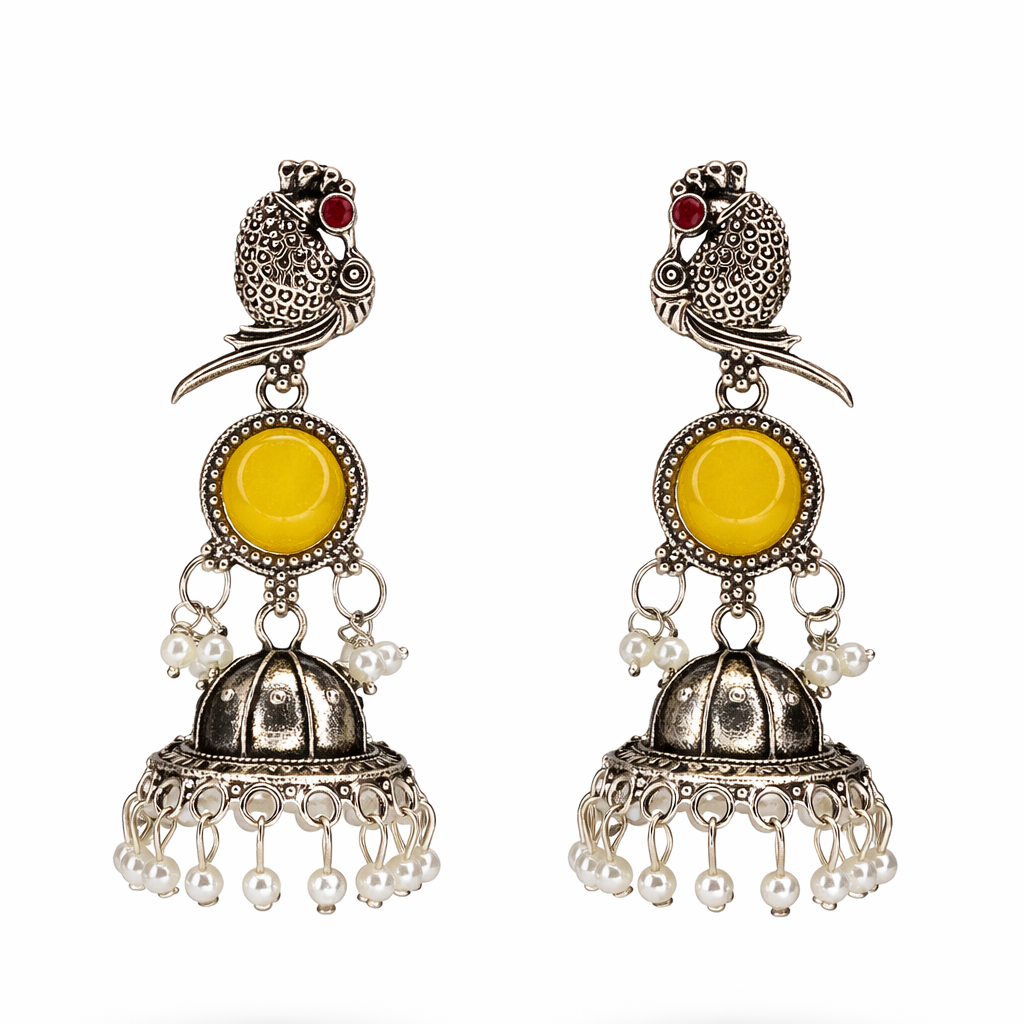 Oxidised Silver Bird Motif Yellow Stone Jhumka Earrings with Pearl Drops