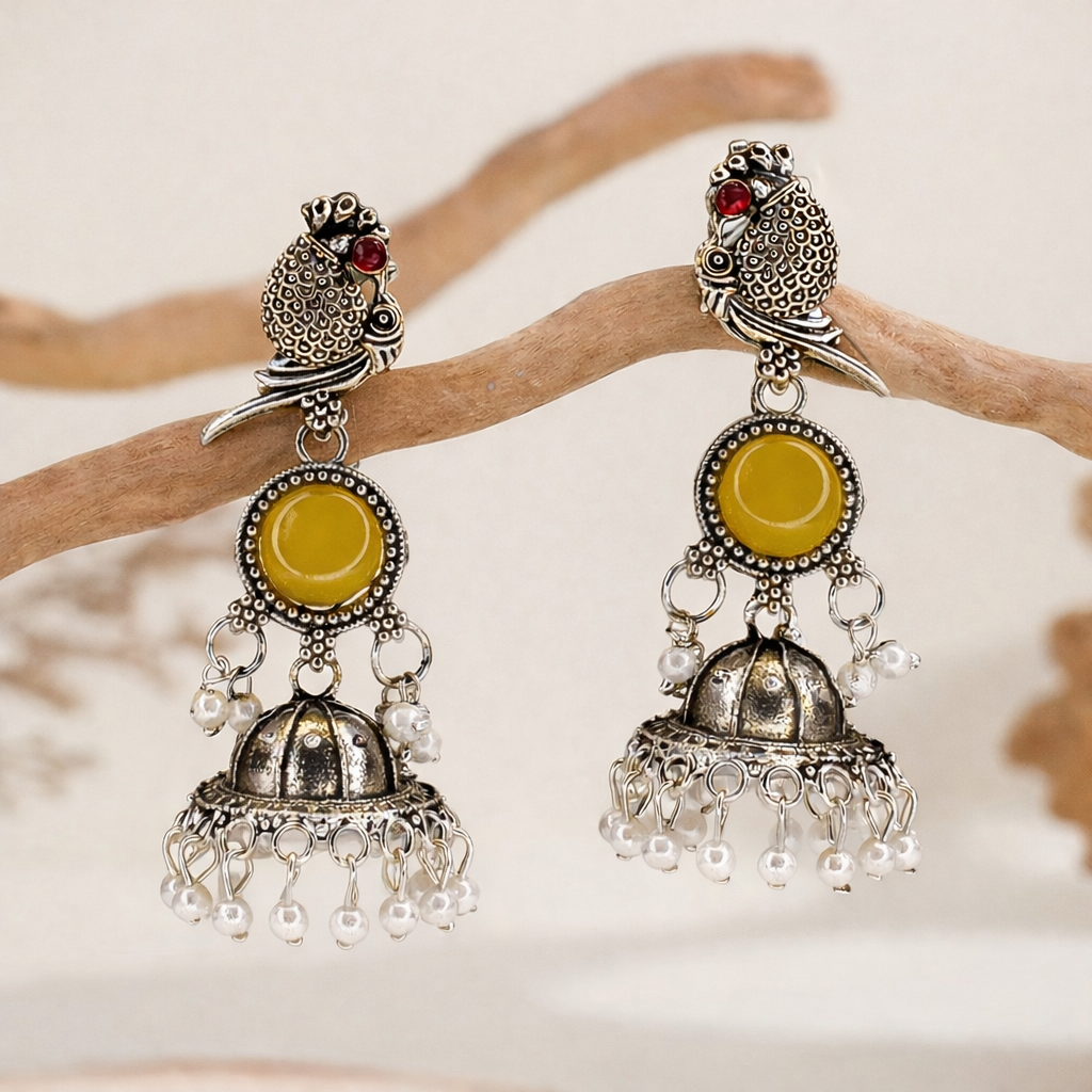 Oxidised Silver Bird Motif Yellow Stone Jhumka Earrings with Pearl Drops