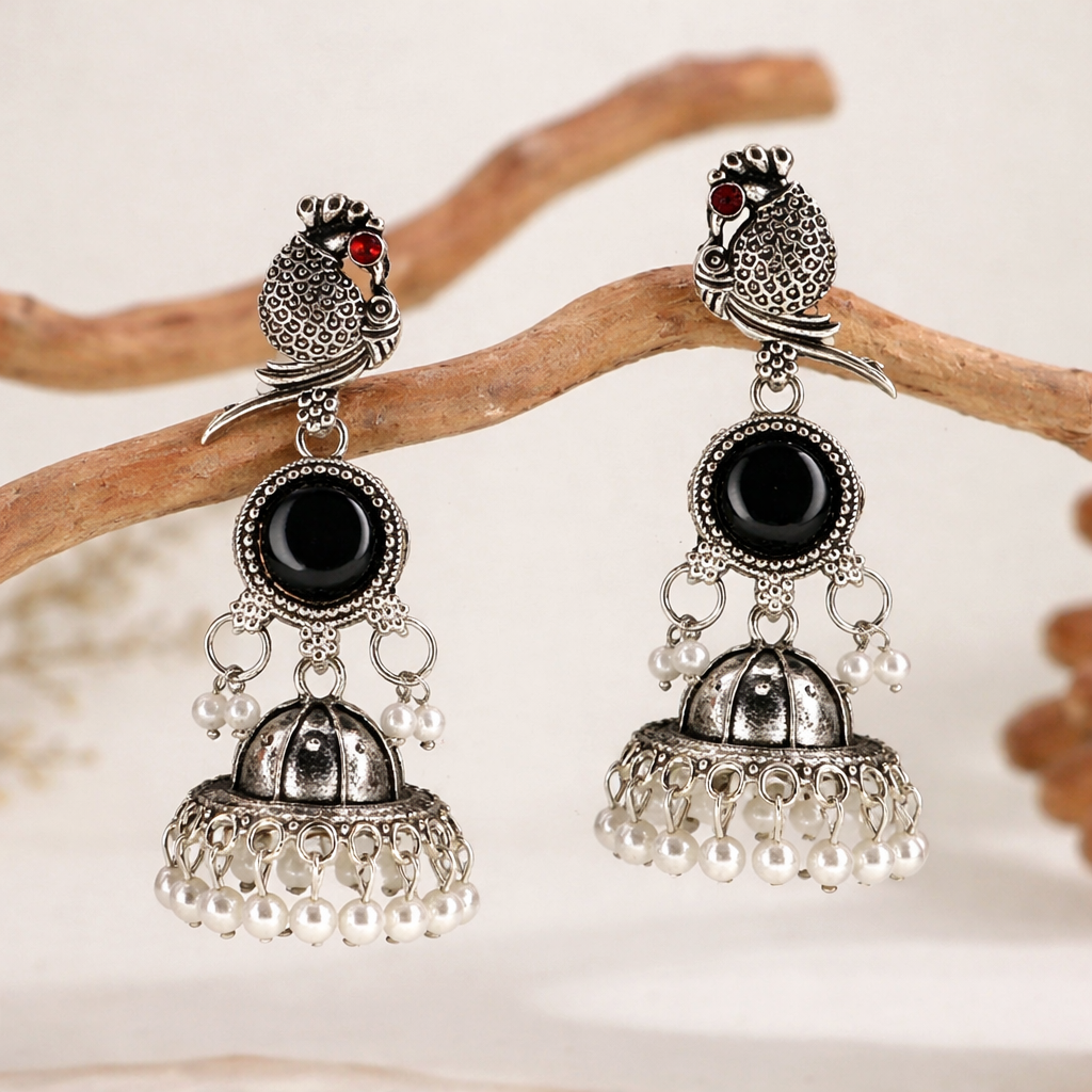 Oxidised Silver Bird Motif Black Stone Jhumka Earrings with Pearl Drops