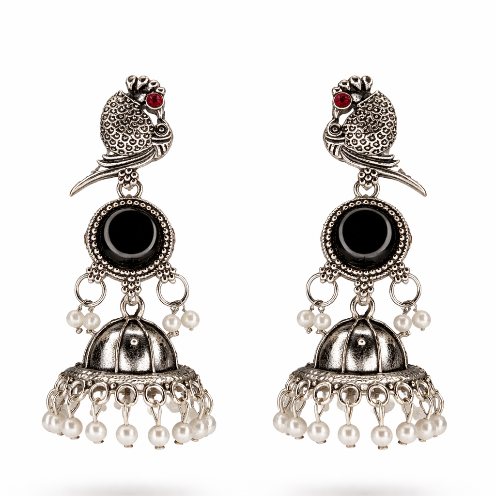 Oxidised Silver Bird Motif Black Stone Jhumka Earrings with Pearl Drops