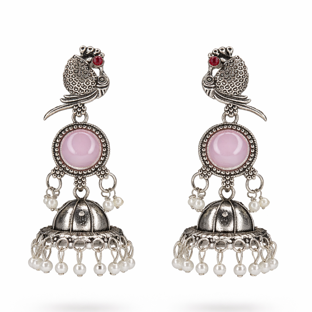 Oxidised Silver Bird Motif Pink Stone Jhumka Earrings with Pearl Drops