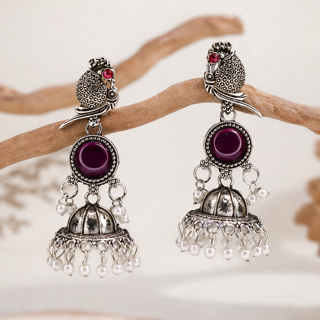 Oxidised Silver Bird Motif Wine Stone Jhumka Earrings with Pearl Drops