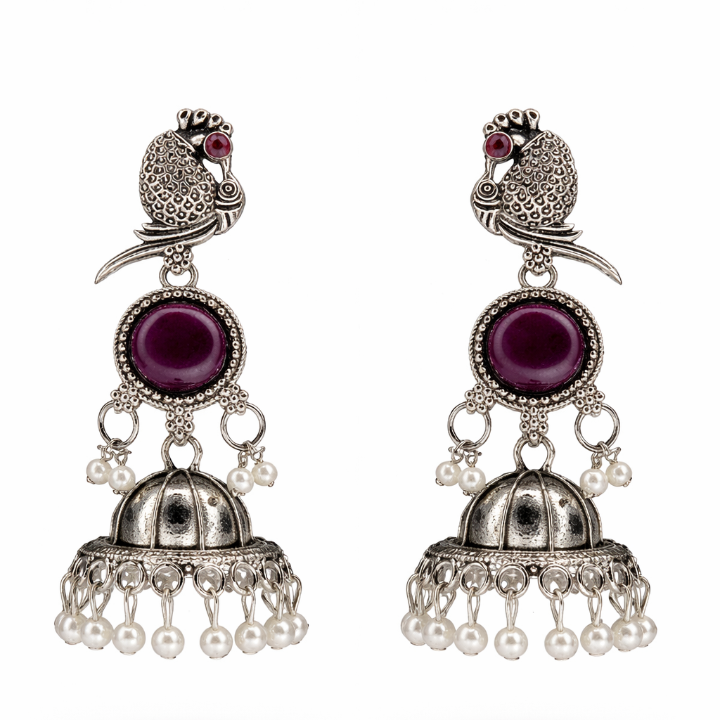Oxidised Silver Bird Motif Wine Stone Jhumka Earrings with Pearl Drops