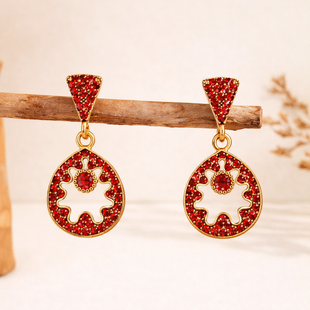 Red Diamond Circular Drop Earrings in Gold Finish