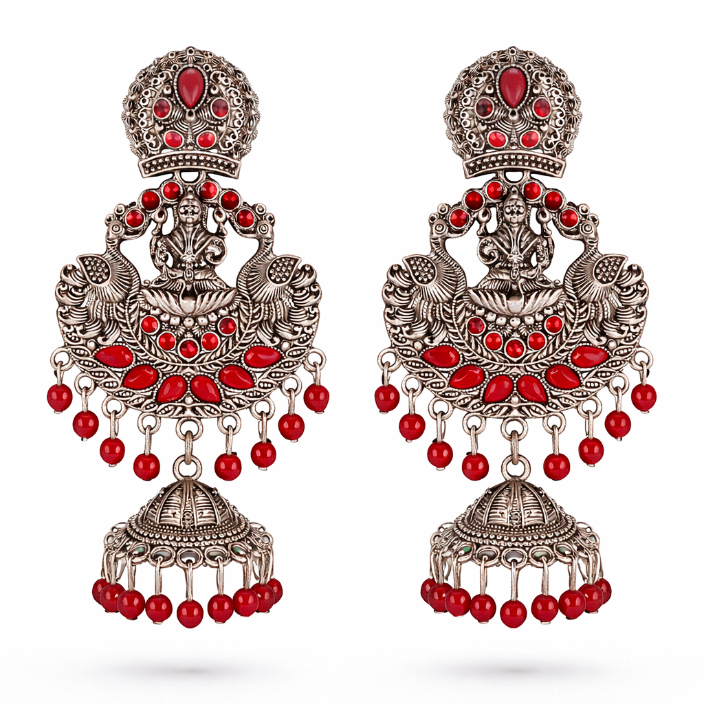 Antique Finish Lakshmi Temple Jhumka Earrings with Red Stones & Bead Drops