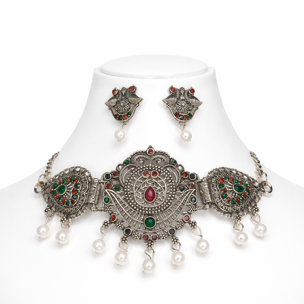 Oxidised Silver Motif Choker Necklace Set with Red & Green Stones and Pearl Drops