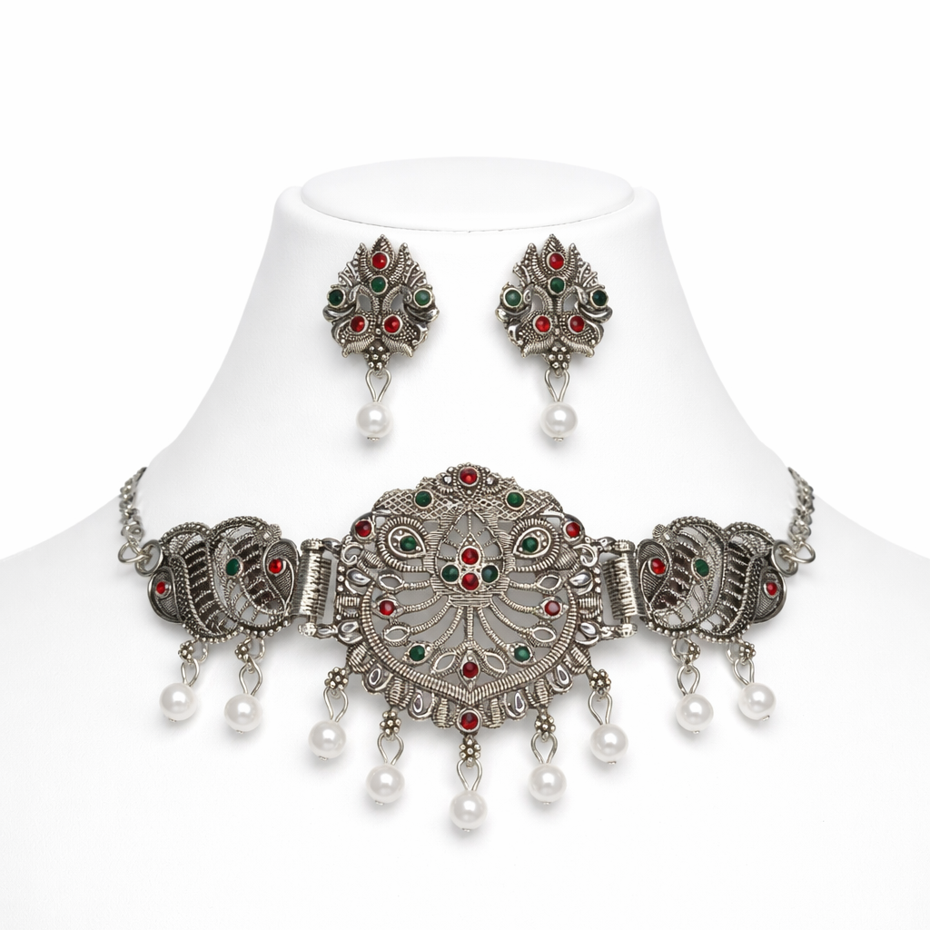 Oxidised Silver Filigree Choker Necklace Set with Red & Green Stones and Pearl Drops