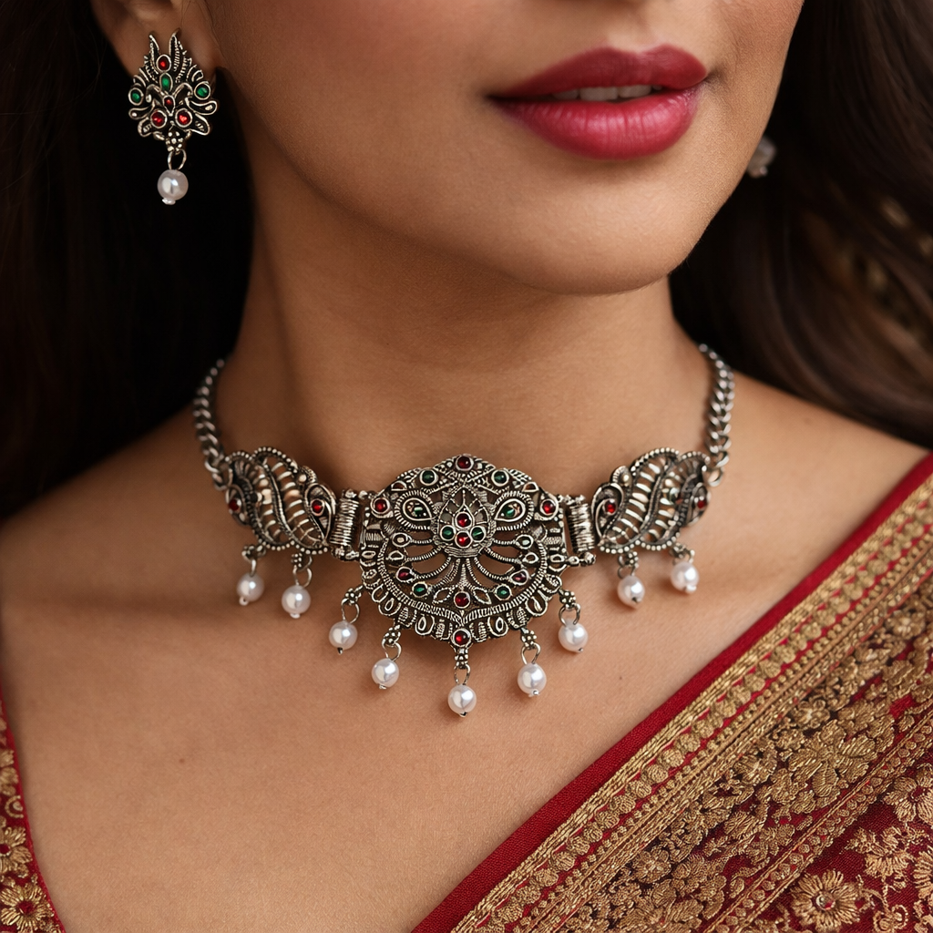 Oxidised Silver Filigree Choker Necklace Set with Red & Green Stones and Pearl Drops