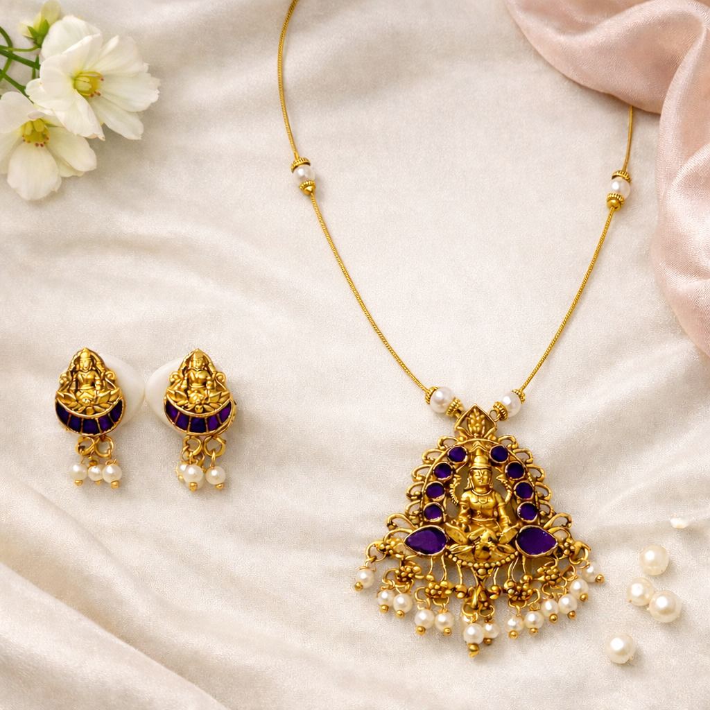 Invisible Gold Finish Temple Necklace Set with Purple Enamel Goddess Lakshmi Pendant & Pearl Drops