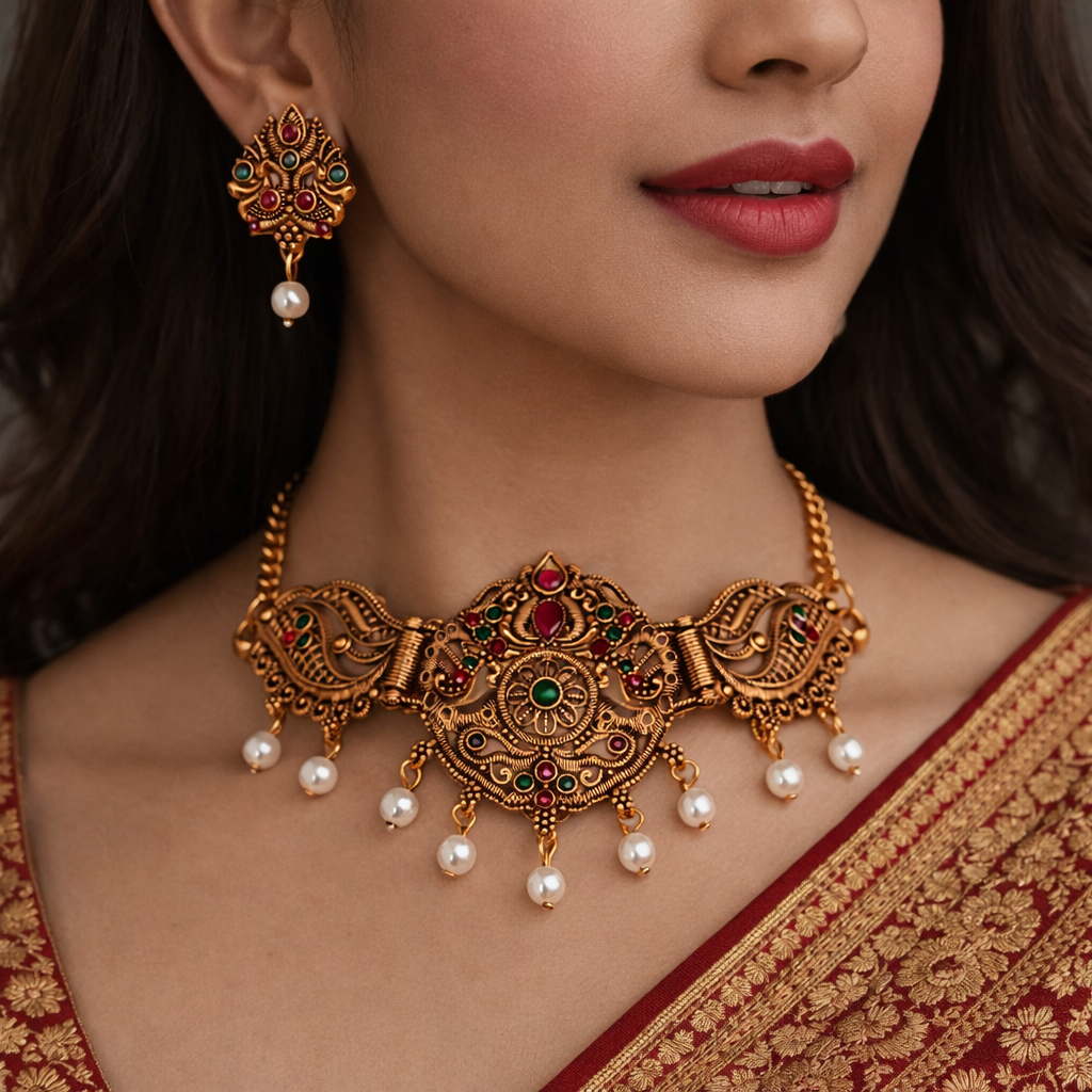 Antique Gold Peacock Choker Necklace Set with Red & Green Stones and Pearl Drops