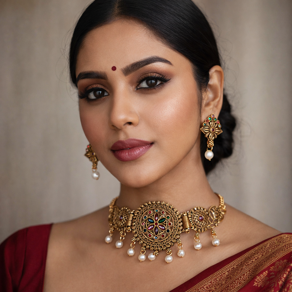Antique Gold Floral Choker Necklace Set with Red & Green Stones and Pearl Drops
