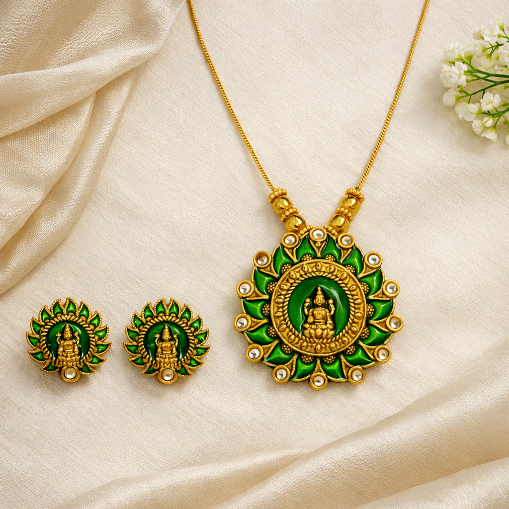 Green Enamel Gold Finish Lakshmi Pendant Necklace Set with Matching Stud Earrings
