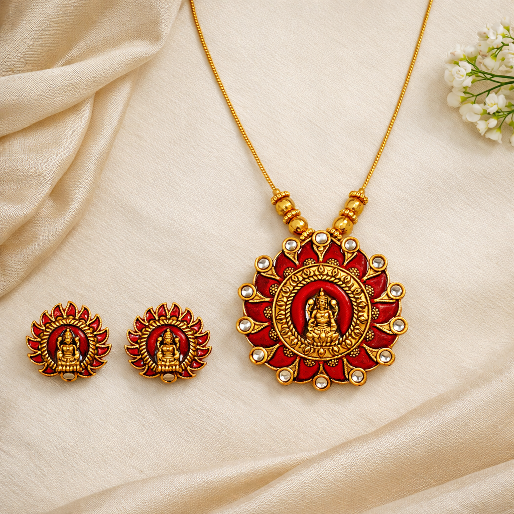 Maroon Enamel Gold Finish Lakshmi Pendant Necklace Set with Matching Stud Earrings