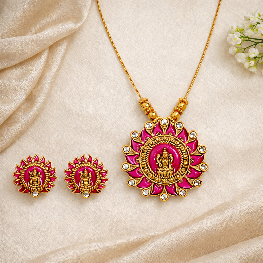 Pink Enamel Gold Finish Lakshmi Pendant Necklace Set with Matching Stud Earrings