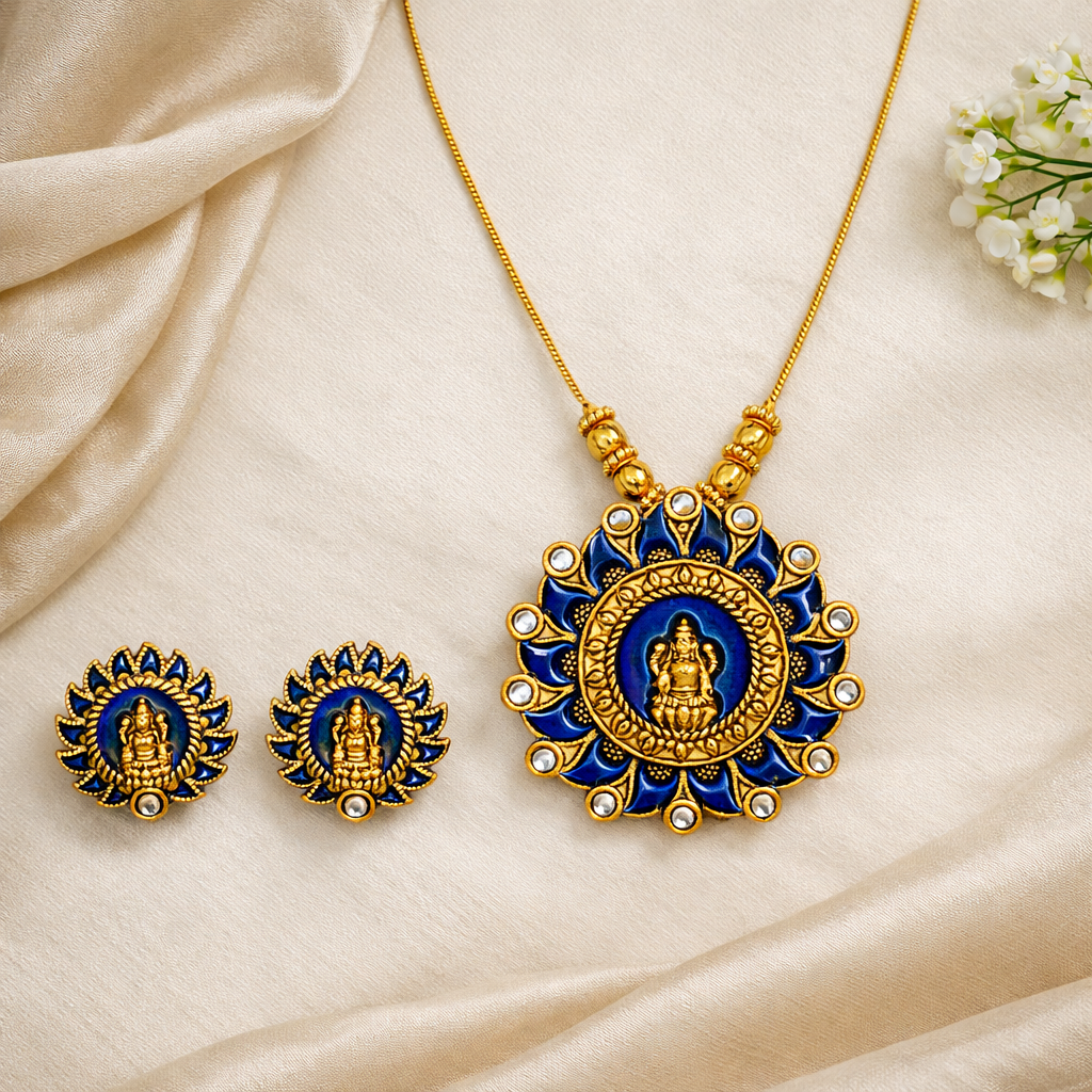 Blue Enamel Gold Finish Lakshmi Pendant Necklace Set with Matching Stud Earrings