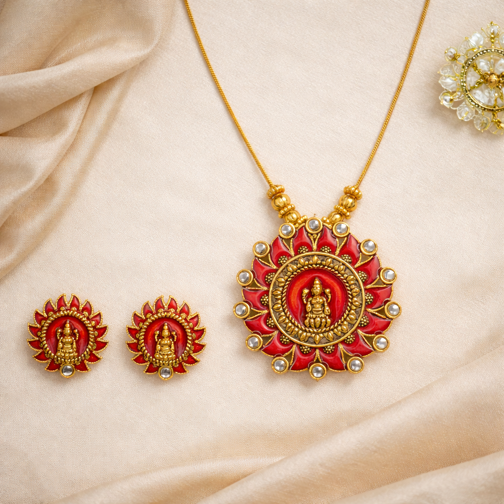 Red Enamel Gold Finish Lakshmi Pendant Necklace Set with Matching Stud Earrings