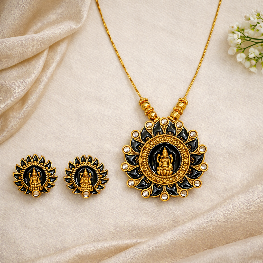 Black Enamel Gold Finish Lakshmi Pendant Necklace Set with Matching Stud Earrings