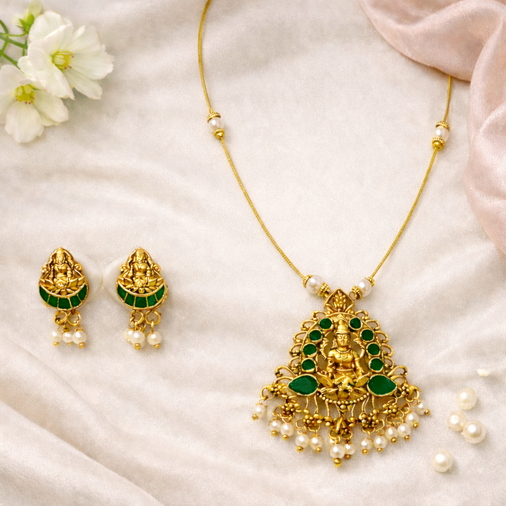 Invisible Gold Finish Temple Necklace Set with Green Enamel Goddess Lakshmi Pendant & Pearl Drops