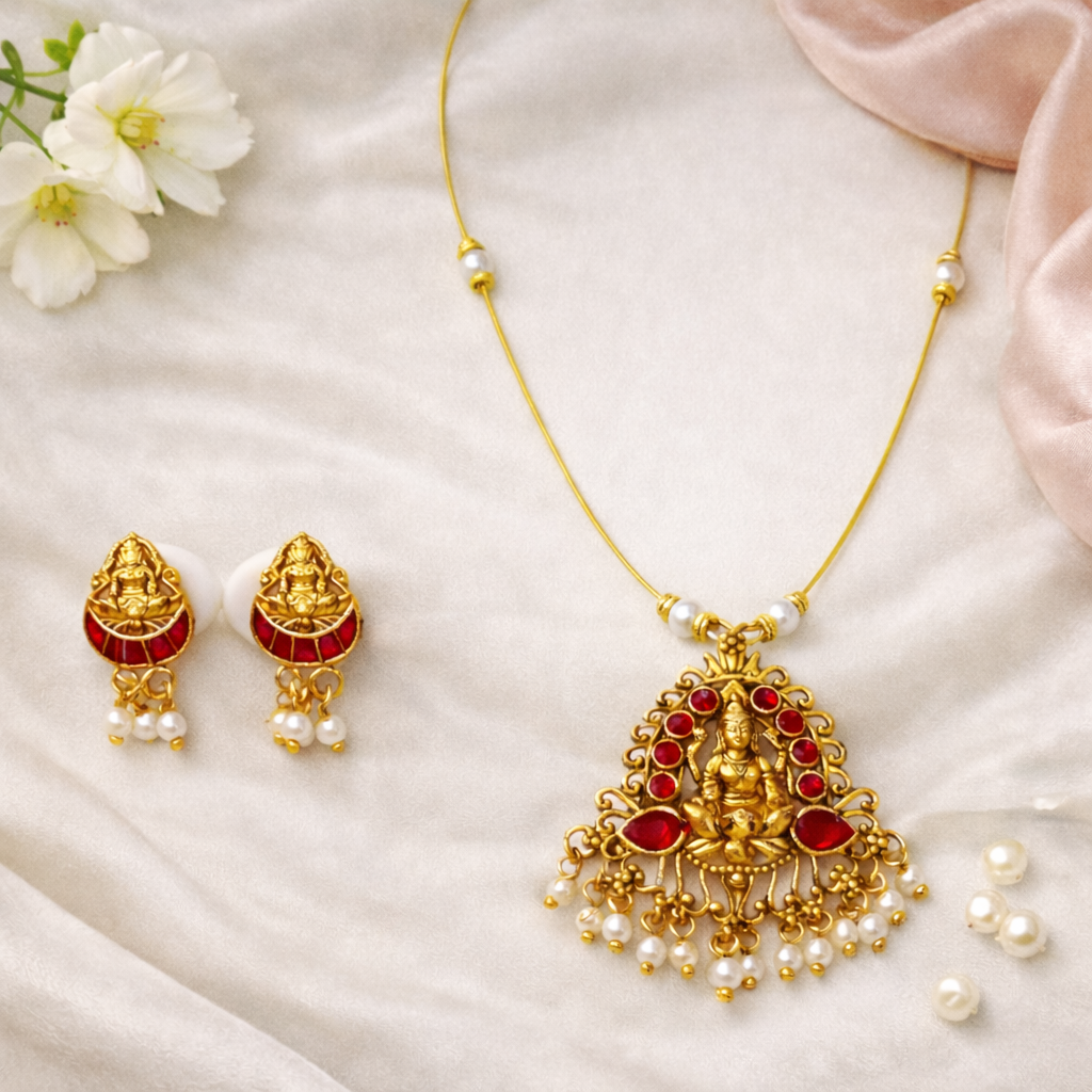 Invisible Gold Finish Temple Necklace Set with Red Enamel Goddess Lakshmi Pendant & Pearl Drops