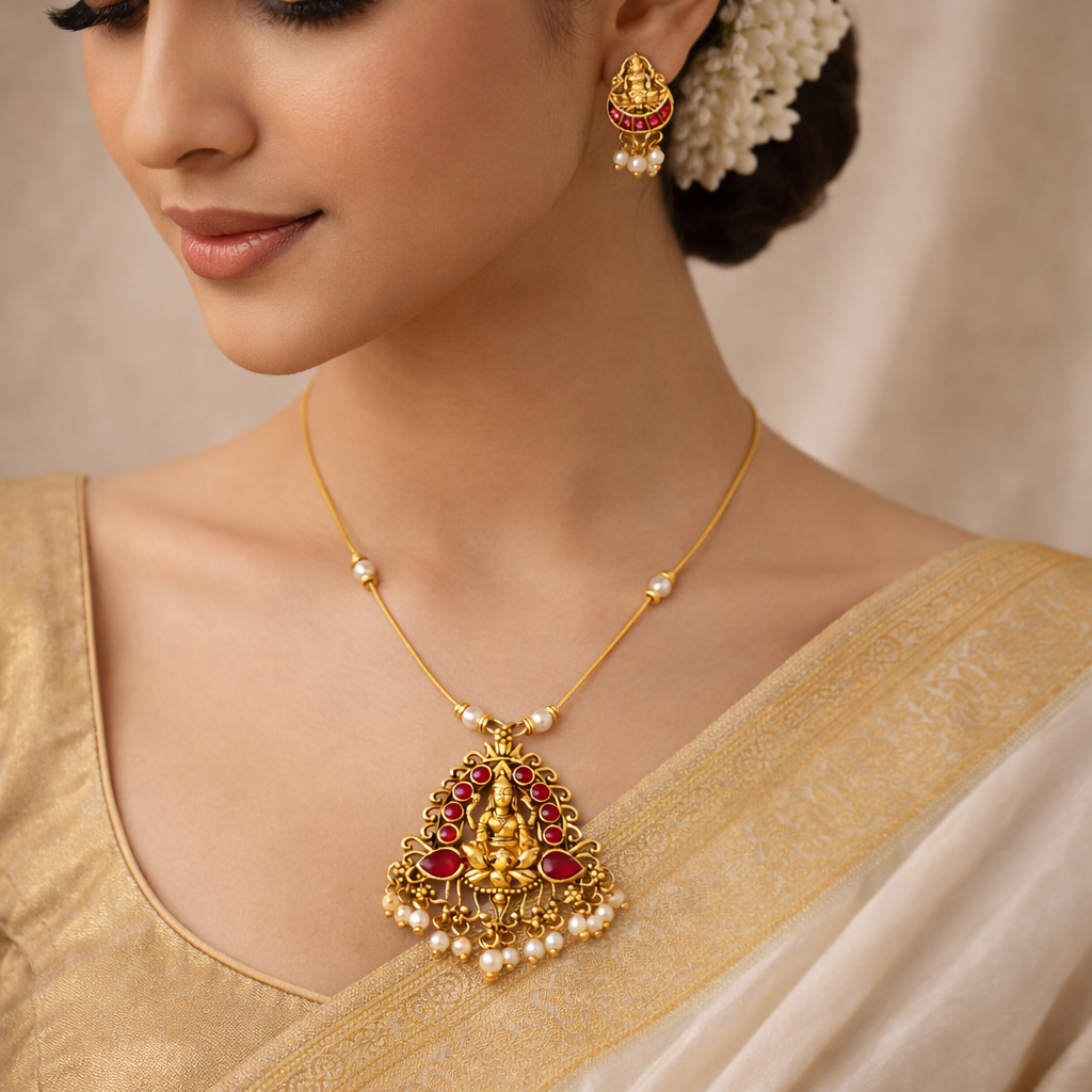 Invisible Gold Finish Temple Necklace Set with Red Enamel Goddess Lakshmi Pendant & Pearl Drops