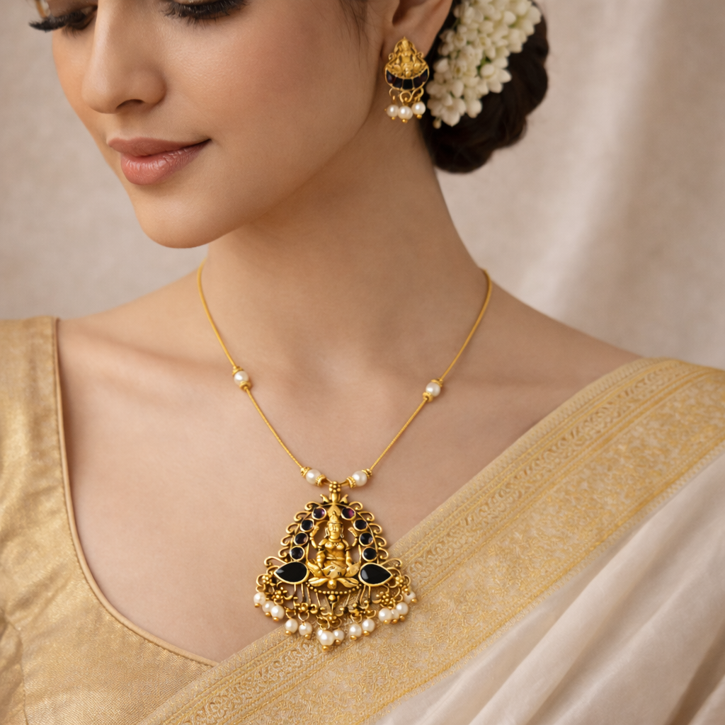Invisible Gold Finish Temple Necklace Set with Black Enamel Goddess Lakshmi Pendant & Pearl Drops