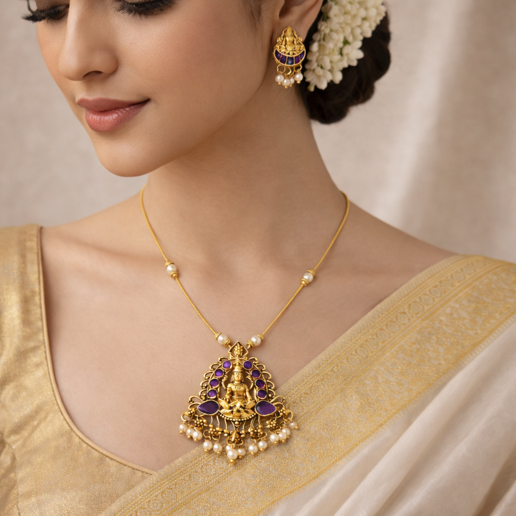 Invisible Gold Finish Temple Necklace Set with Purple Enamel Goddess Lakshmi Pendant & Pearl Drops