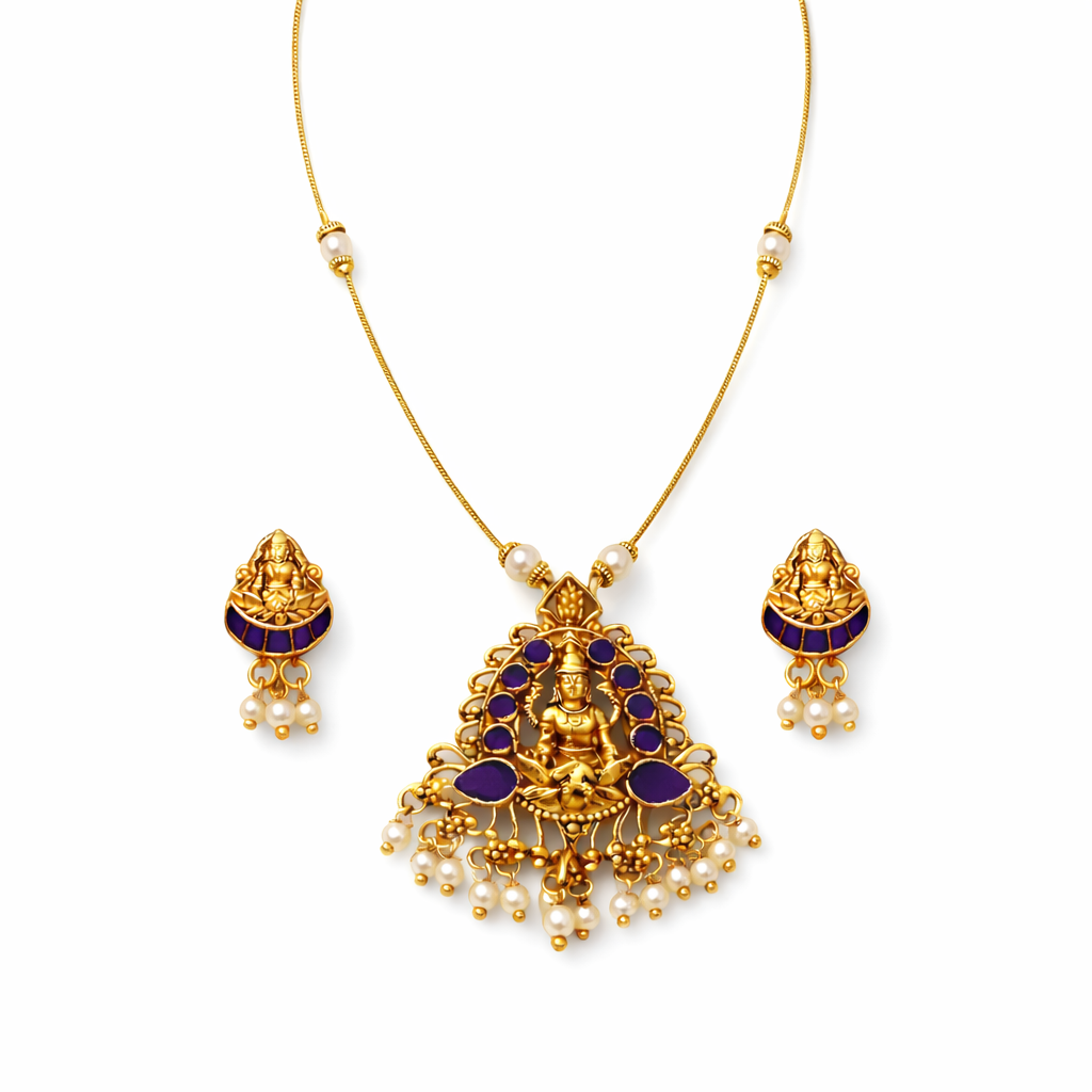 Invisible Gold Finish Temple Necklace Set with Purple Enamel Goddess Lakshmi Pendant & Pearl Drops