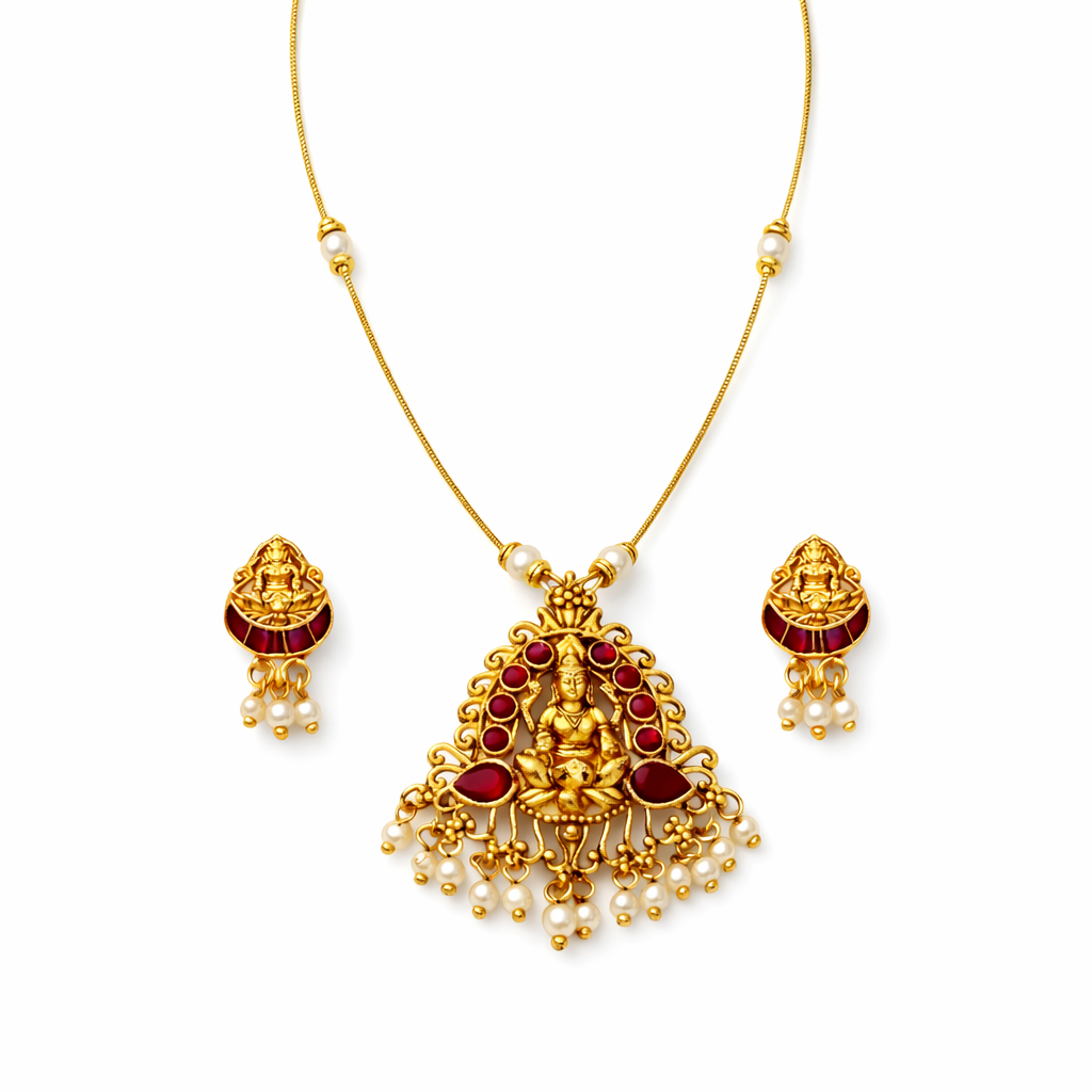 Invisible Gold Finish Temple Necklace Set with Maroon Enamel Goddess Lakshmi Pendant & Pearl Drops