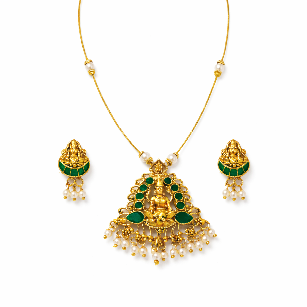 Invisible Gold Finish Temple Necklace Set with Green Enamel Goddess Lakshmi Pendant & Pearl Drops