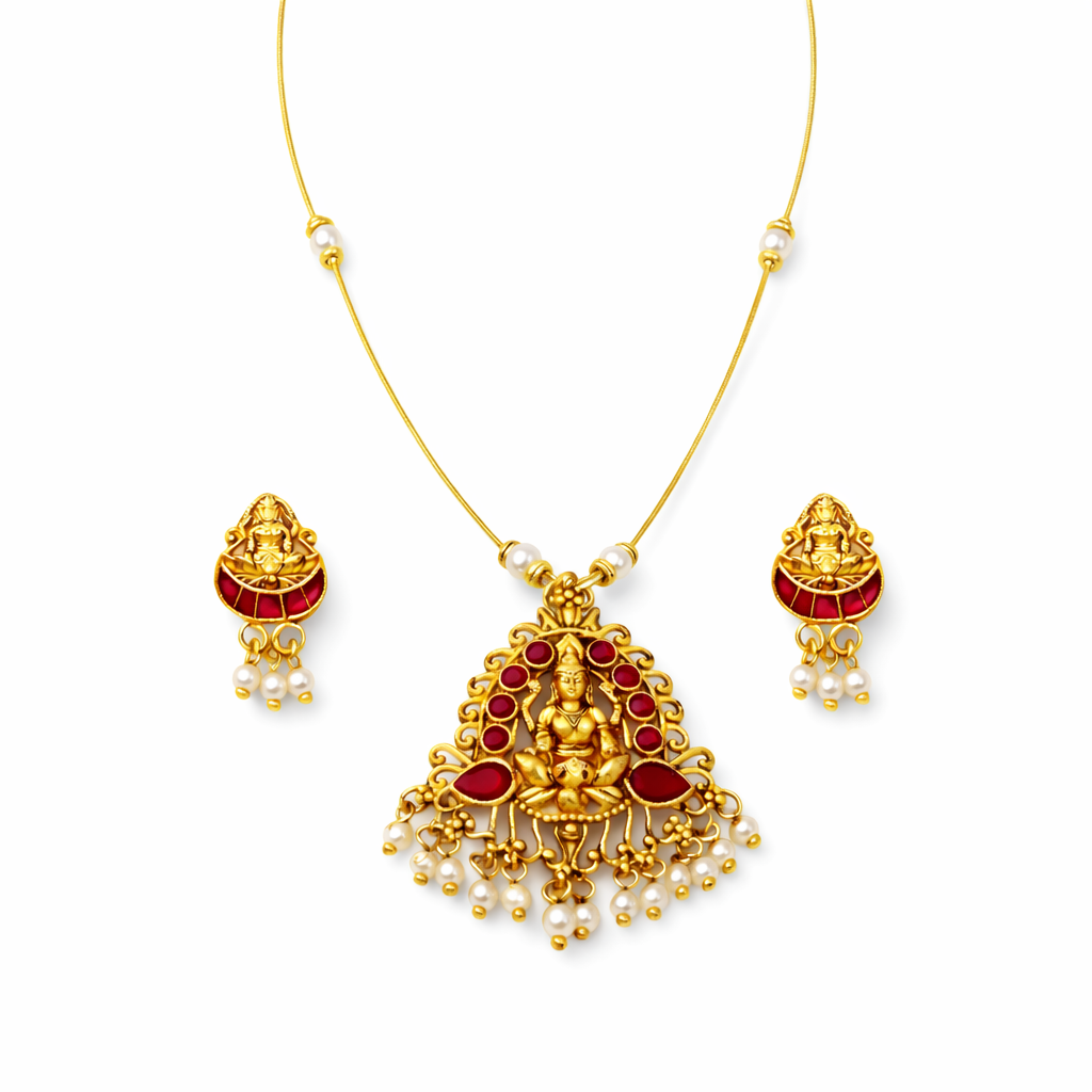 Invisible Gold Finish Temple Necklace Set with Red Enamel Goddess Lakshmi Pendant & Pearl Drops