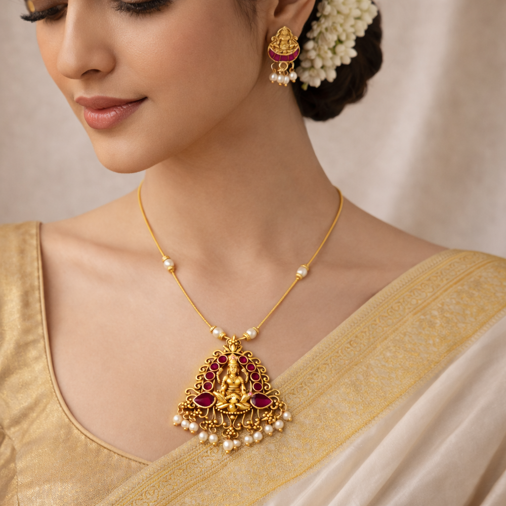 Invisible Gold Finish Temple Necklace Set with Pink Enamel Goddess Lakshmi Pendant & Pearl Drops