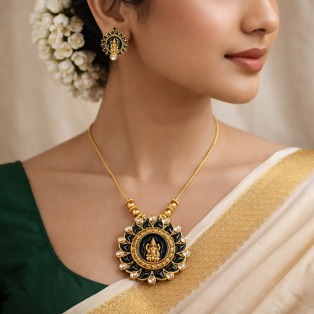 Black Enamel Gold Finish Lakshmi Pendant Necklace Set with Matching Stud Earrings
