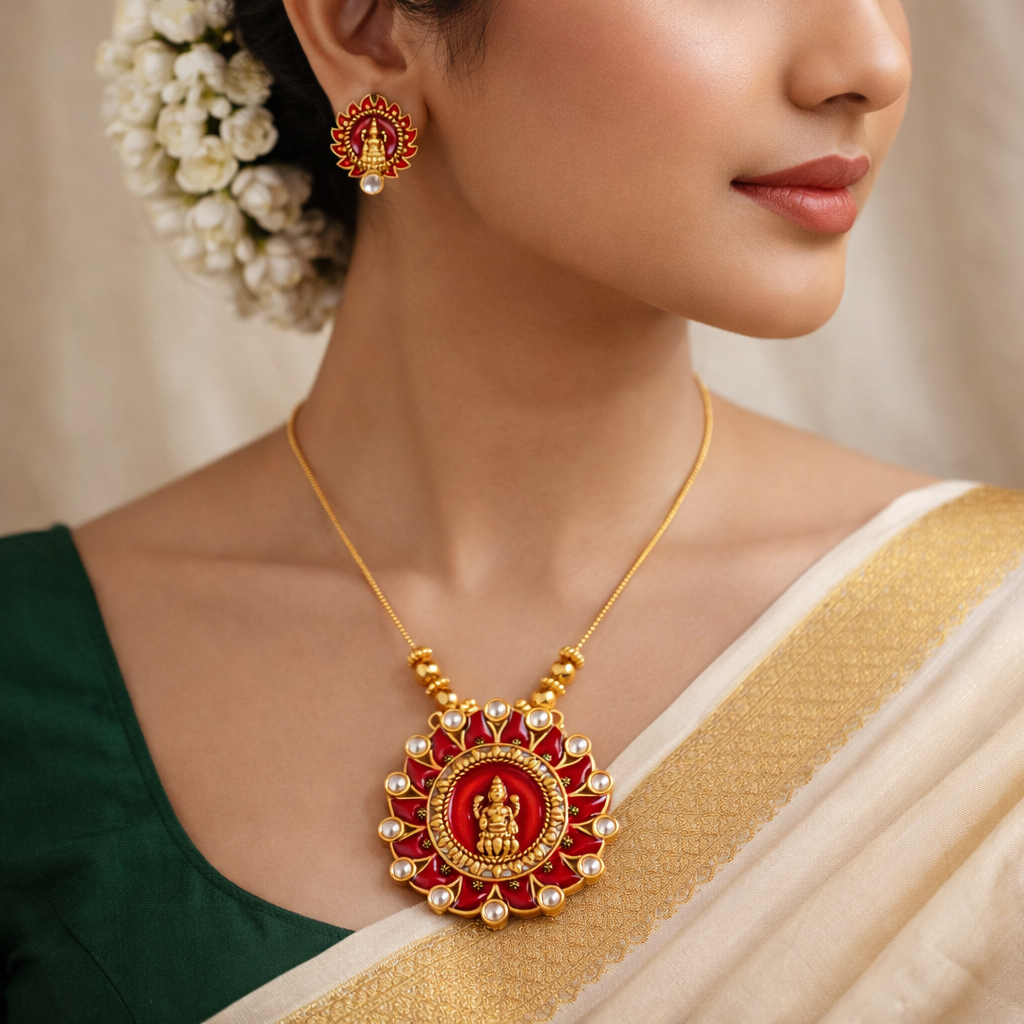 Red Enamel Gold Finish Lakshmi Pendant Necklace Set with Matching Stud Earrings