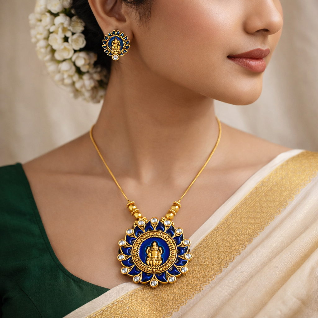 Blue Enamel Gold Finish Lakshmi Pendant Necklace Set with Matching Stud Earrings