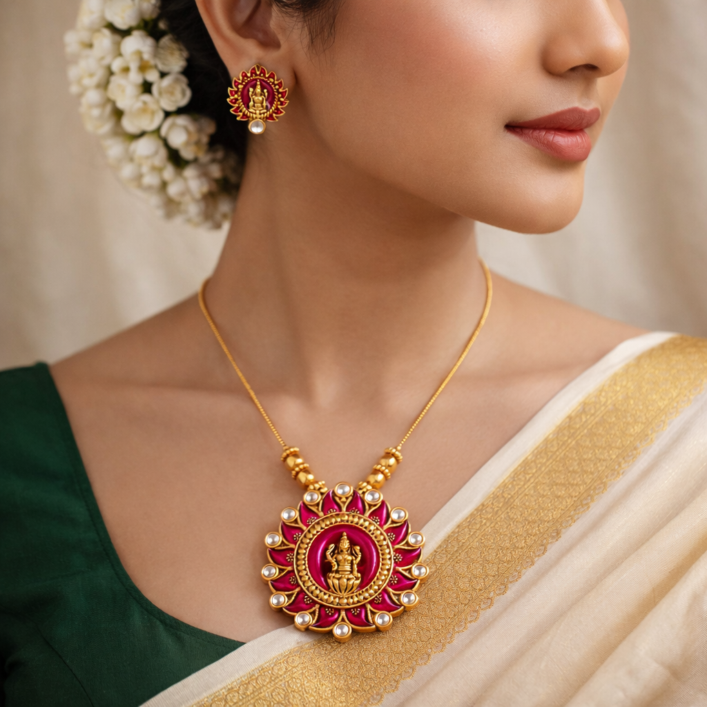 Pink Enamel Gold Finish Lakshmi Pendant Necklace Set with Matching Stud Earrings