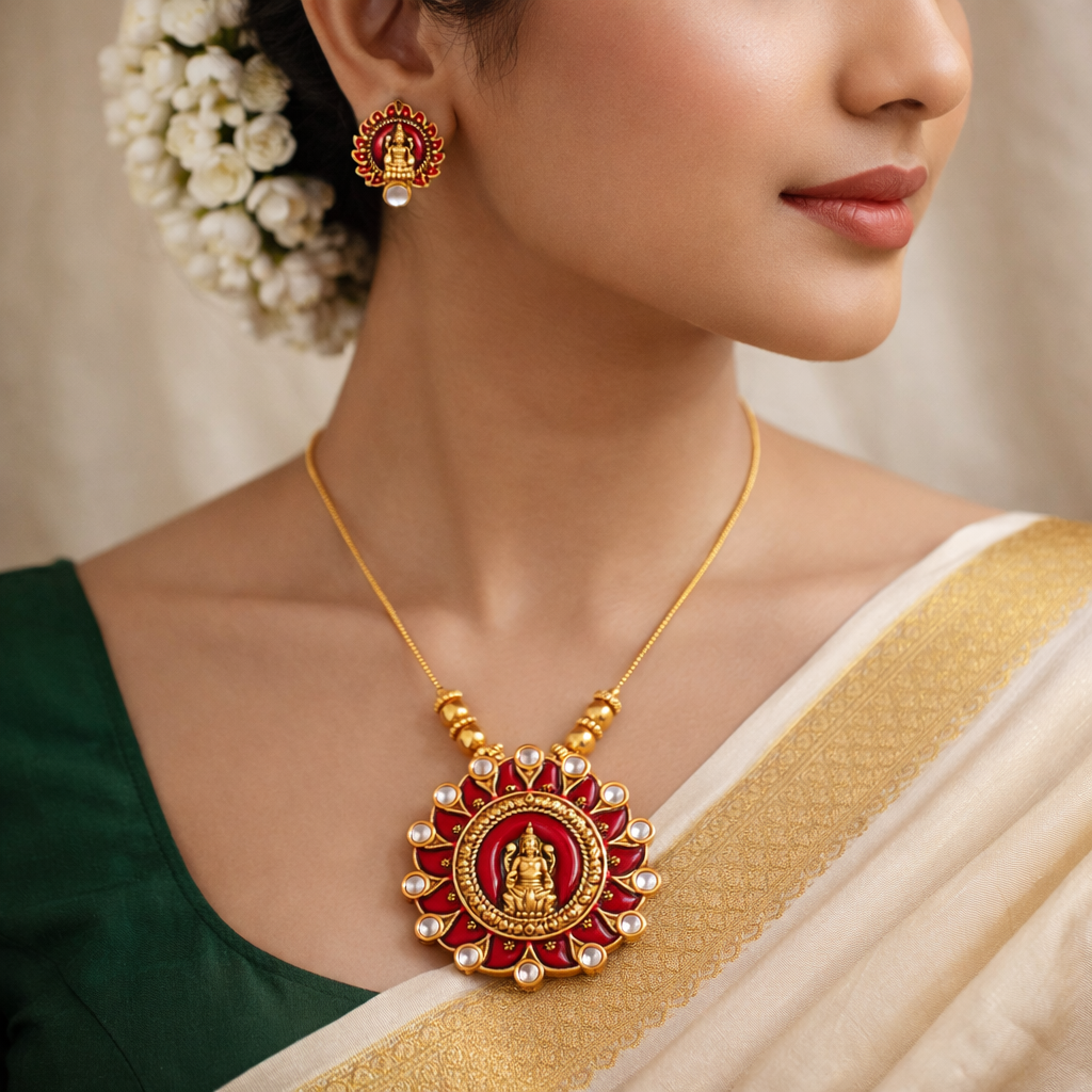 Maroon Enamel Gold Finish Lakshmi Pendant Necklace Set with Matching Stud Earrings
