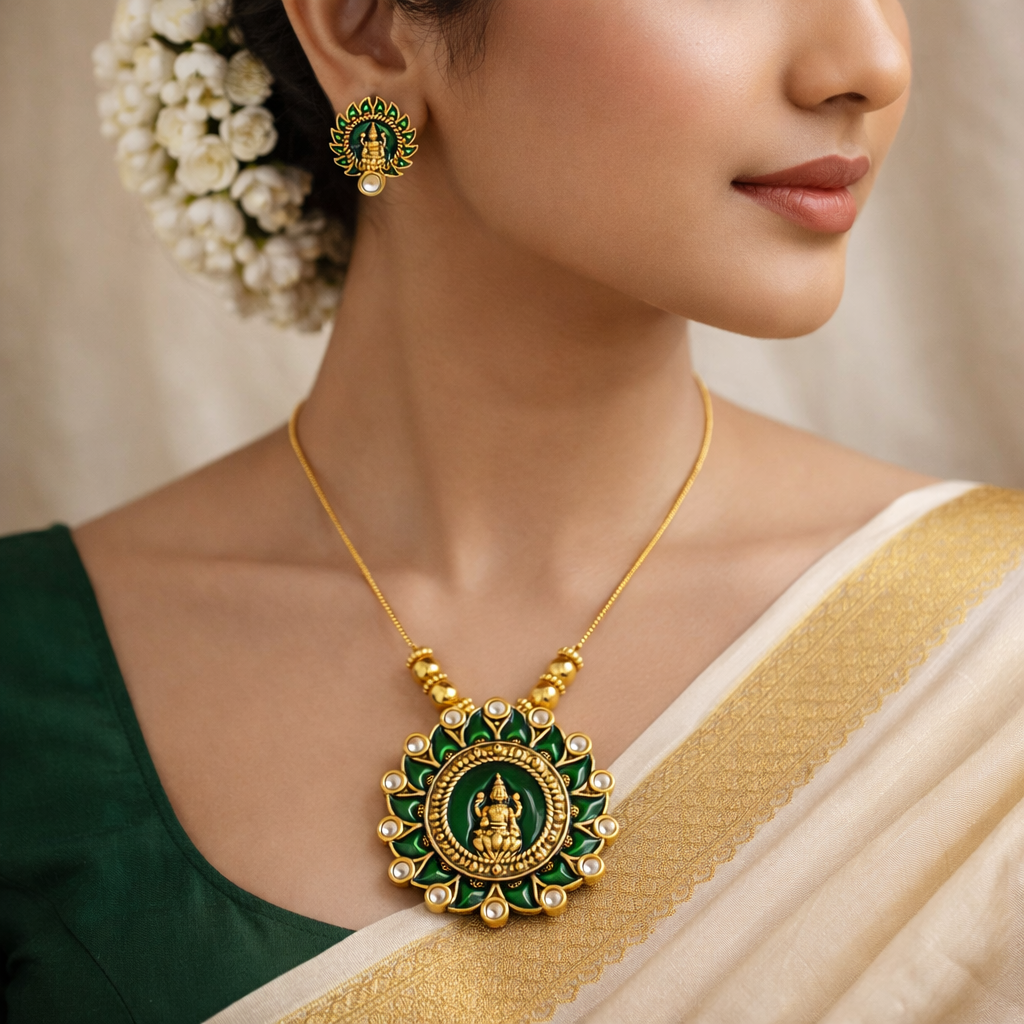 Green Enamel Gold Finish Lakshmi Pendant Necklace Set with Matching Stud Earrings