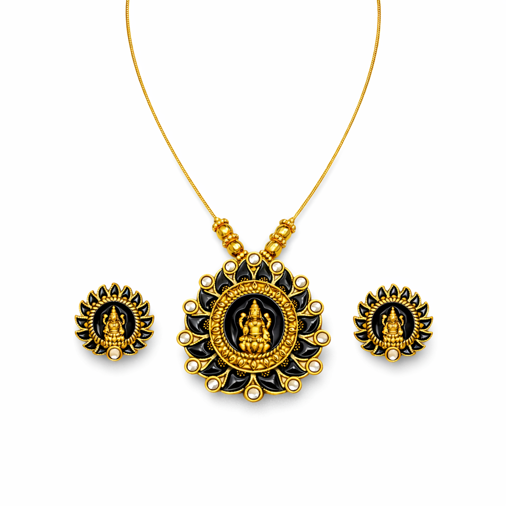 Black Enamel Gold Finish Lakshmi Pendant Necklace Set with Matching Stud Earrings