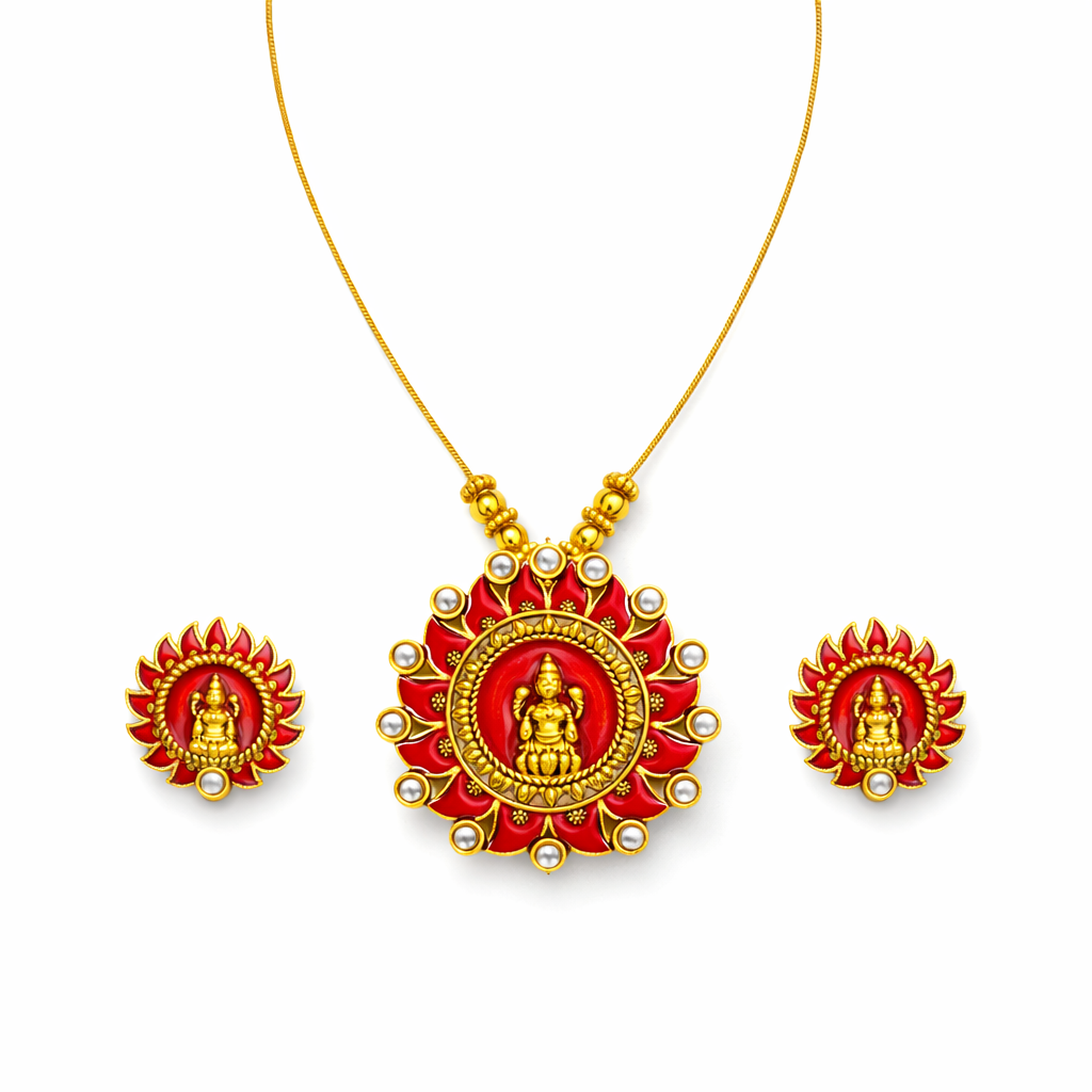Red Enamel Gold Finish Lakshmi Pendant Necklace Set with Matching Stud Earrings